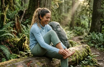 Why Merino Socks Smell Less on Trail (7-Day Field Test) Female backpacker resting on a log removing a hiking boot to reveal a green Darn Tough merino wool sock