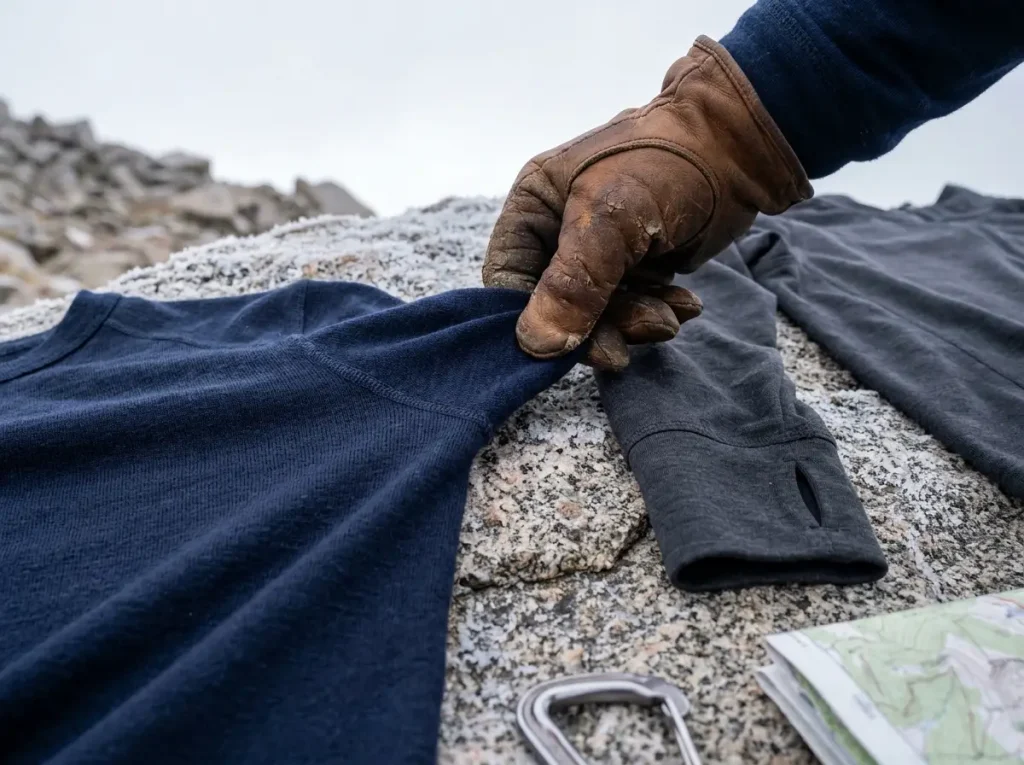 Close-up of merino wool base layer fabric texture next to synthetic base layer showing GSM weight difference