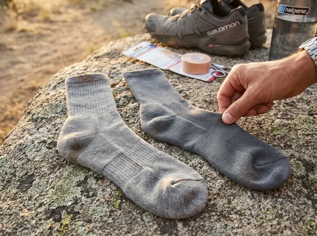 Side-by-side comparison of merino wool and synthetic hiking sock on a sun-baked trail rock