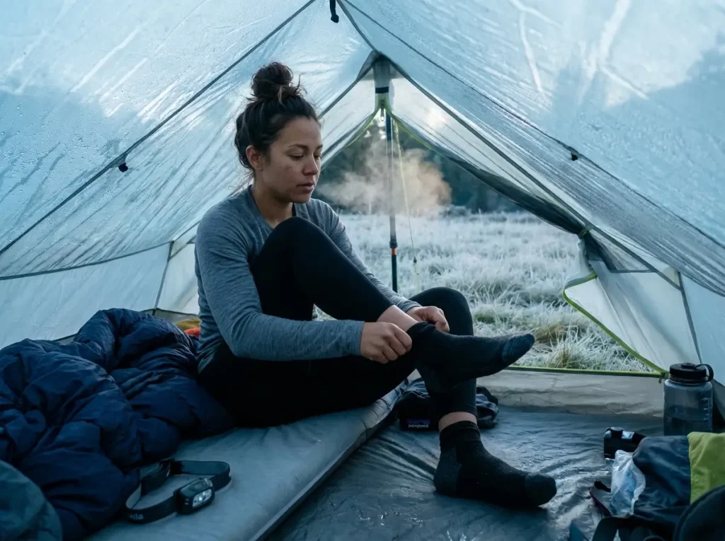 Hiker pulling on merino wool socks inside a tent on a cold morning
