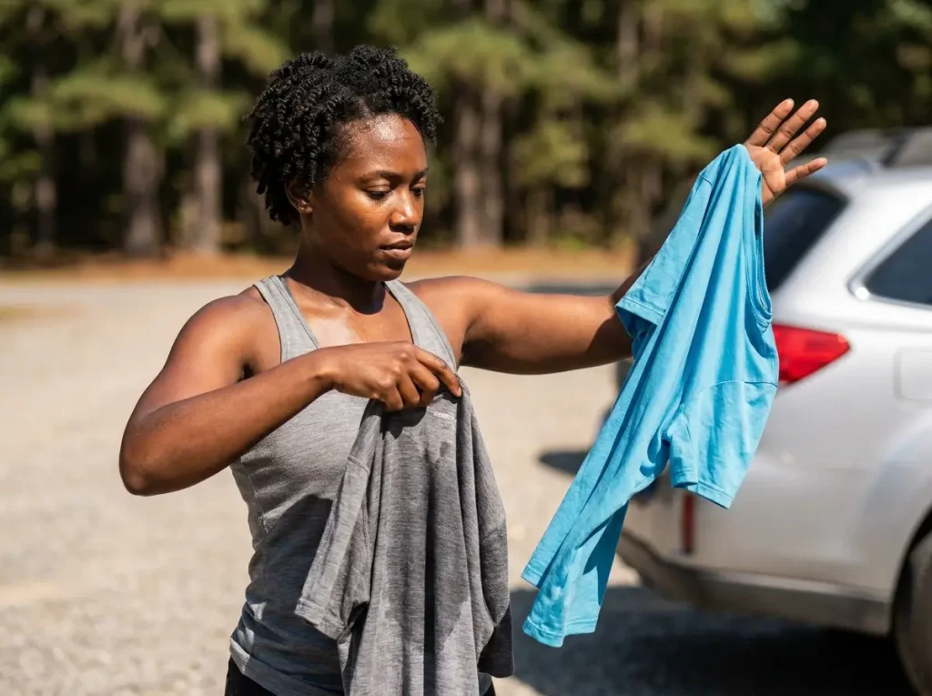 Hiker comparing Merino wool vs. polyester hiking shirt by weight and feel at the trailhead in humid heat