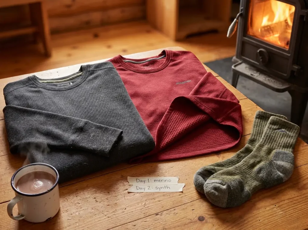 Close-up of merino wool and synthetic base layers laid out on a cabin floor