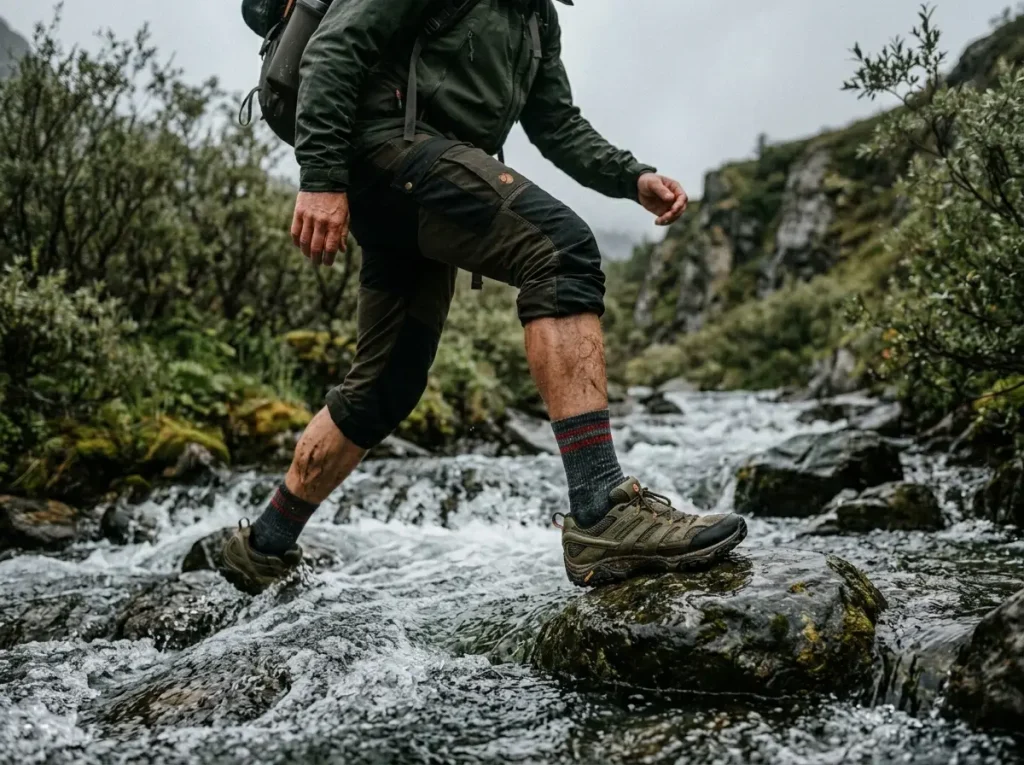 Close-up of a hiker's foot in a Smartwool merino sock and wet Merrell hiking shoe crossing an alpine stream 