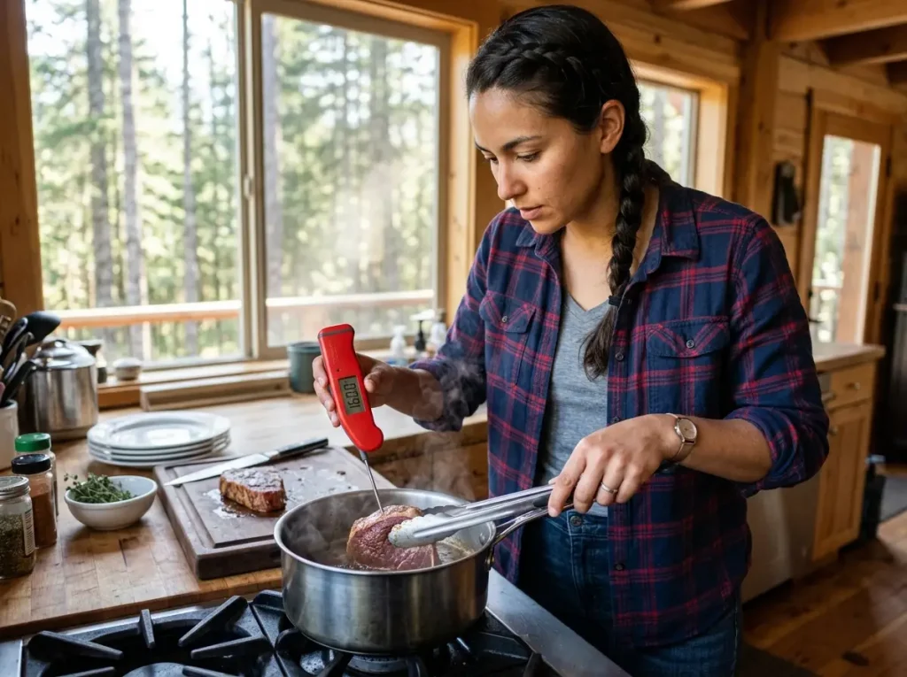Wilderness leader checking beef marinade with a thermometer before dehydration for food safety.