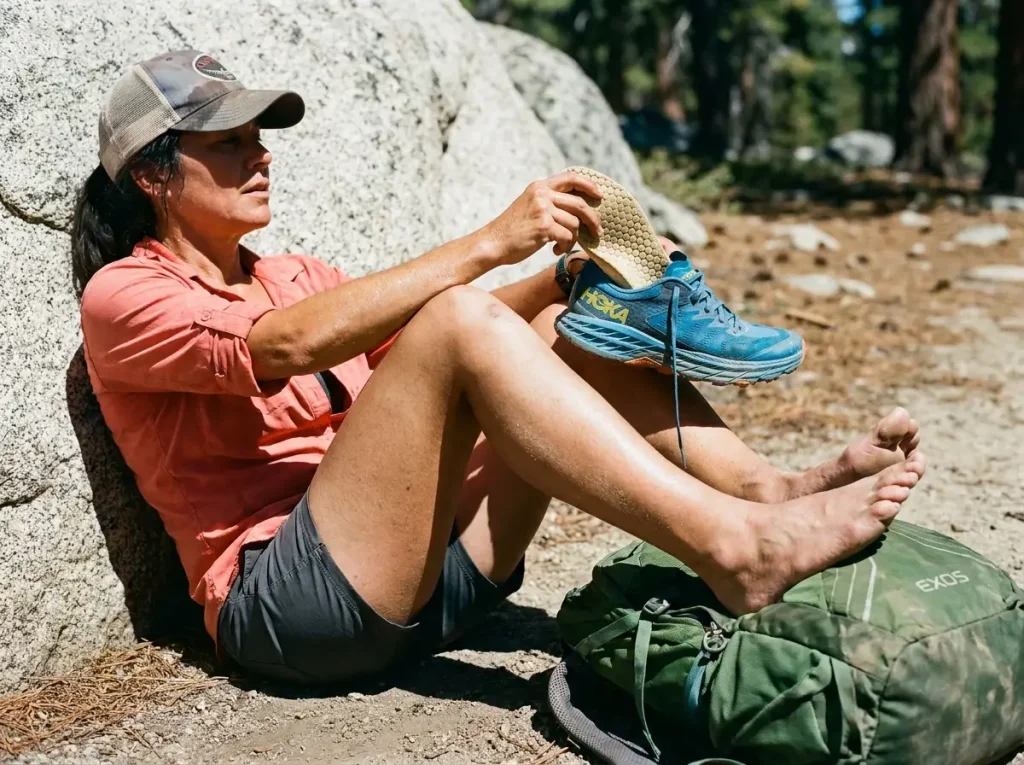 Mid-day foot maintenance taking insoles out of trail runners to air dry