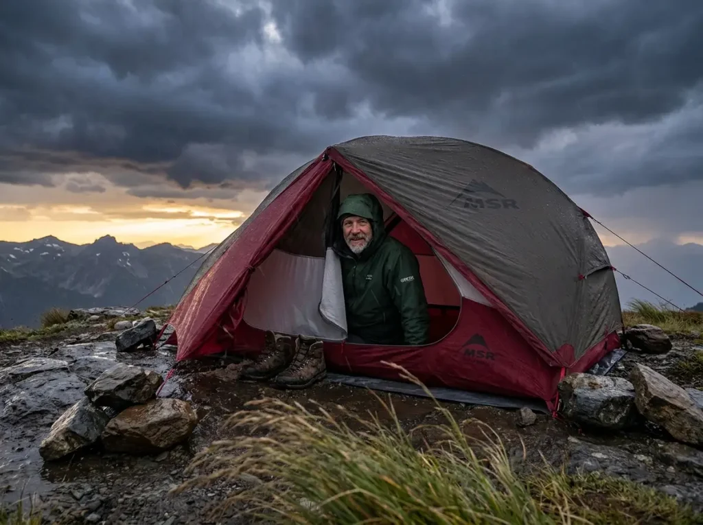 Midweight tent withstanding strong wind and rain on an exposed alpine ridge