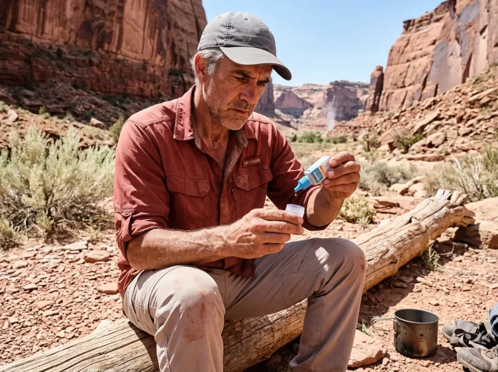 Hiker mixing Aquamira drops in the desert, considering iodine tablets vs chlorine dioxide hiking chemistry.