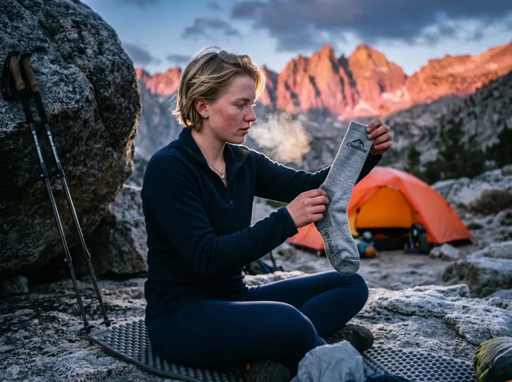 Female camper inspecting the fabric of a pristine Cloudline merino wool sock in the morning light