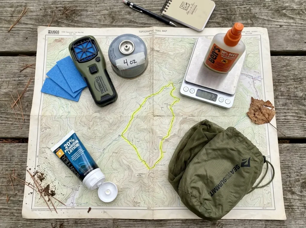 Flat lay of Thermacell Backpacker, DEET spray, picaridin lotion and head net on a trail map