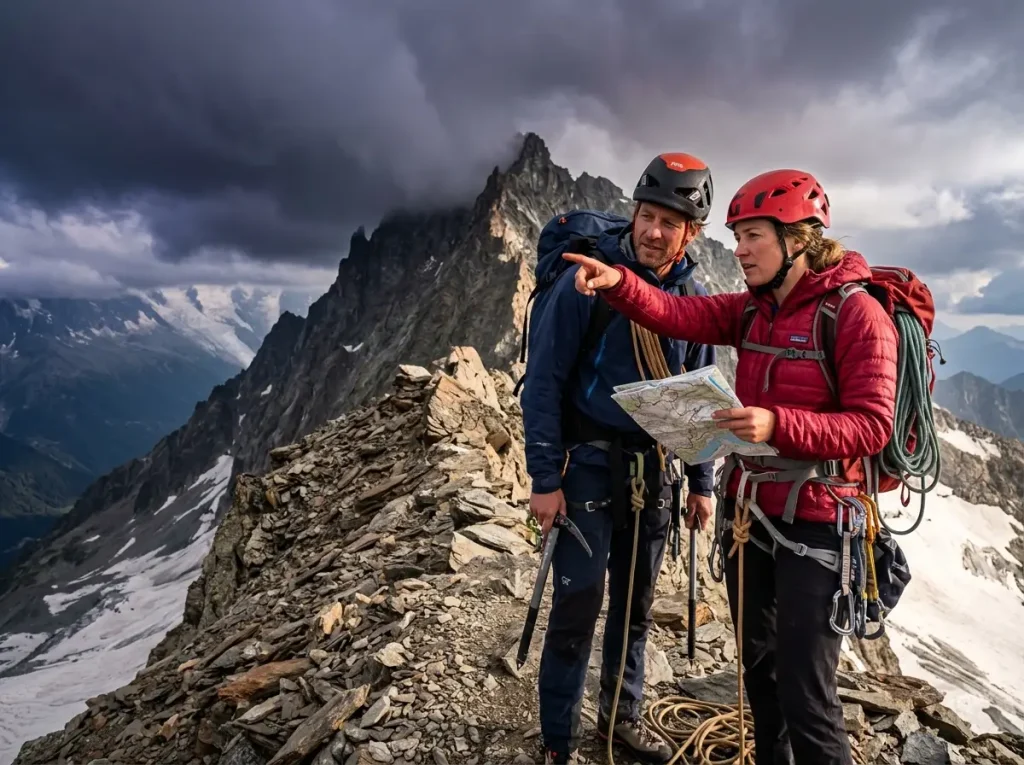 Two climbers safely making the decision to retreat from a route as a storm rolls in.