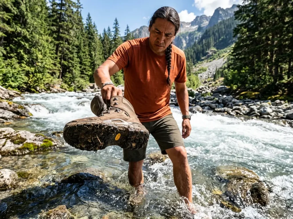 A guide keeps muddy Vibram soles out of pristine water to prevent spreading amphibian chytrid fungus.