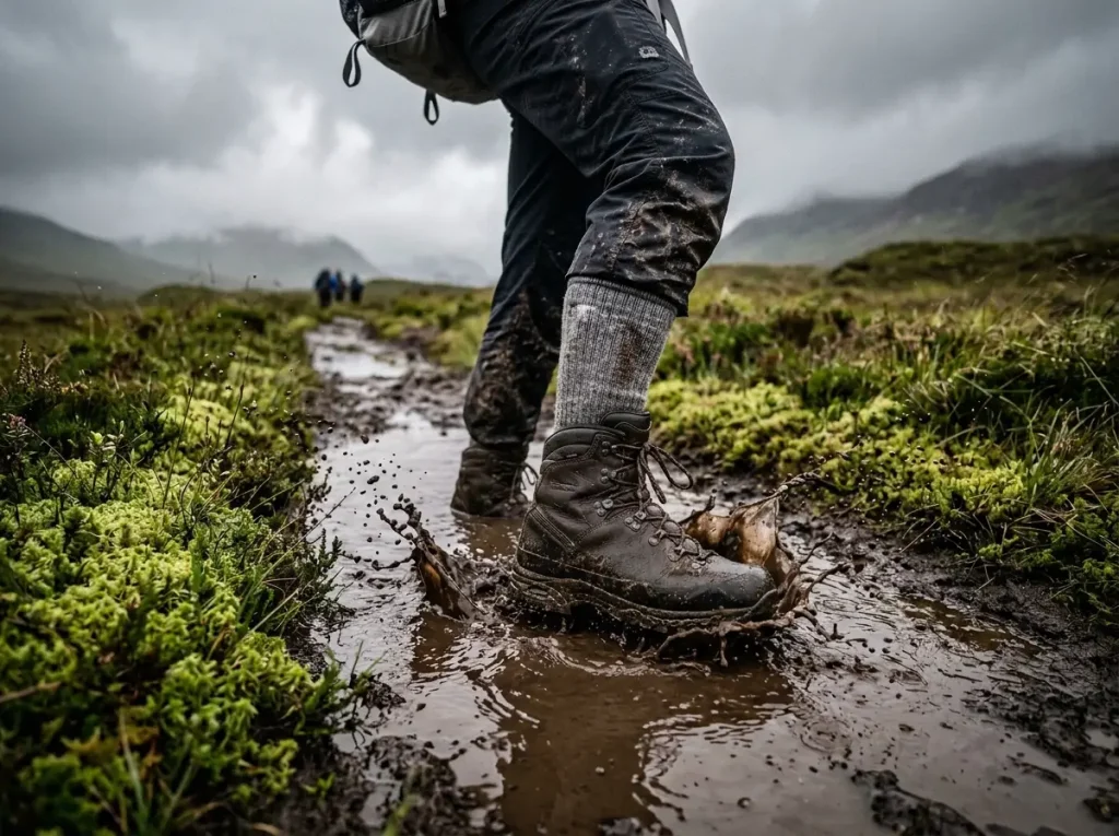 Hiker's boots deliberately stepping into the dead center of a deep muddy puddle to prevent trail widening and preserve adjacent fragile tundra moss.