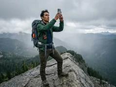 The Physics Behind Navigation Mistakes That Get Hikers Lost Hiker checking GPS phone on granite ridge in Pacific Northwest, navigation mistakes hiking