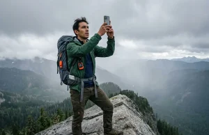 The Physics Behind Navigation Mistakes That Get Hikers Lost Hiker checking GPS phone on granite ridge in Pacific Northwest, navigation mistakes hiking