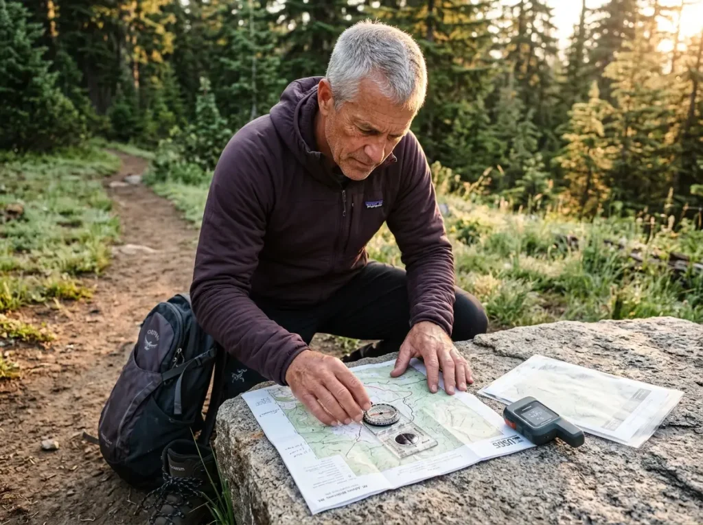 Navigation redundancy kit — Silva compass, Garmin InReach, and USGS topo map on granite rock