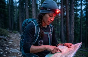 Tested Night Hiking Headlamps & Nav Tips Female hiker checking topographic map using a red night hiking headlamp.