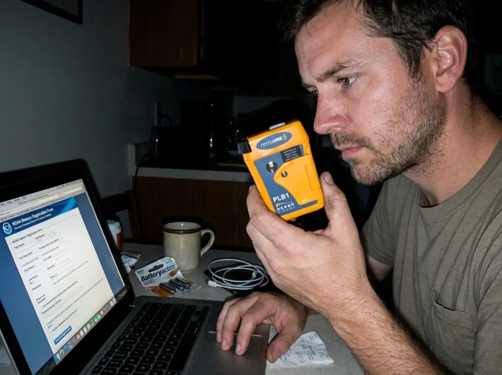 Hiker registering an Ocean Signal rescueME PLB1 beacon on a laptop at a kitchen table at night