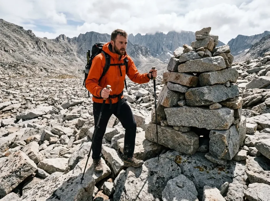 Hiker navigating an alpine boulder field past an official, free-draining stone cairn under harsh sunlight.