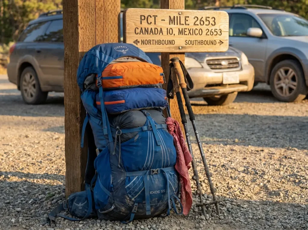Organized hiking backpack with cubes packed and ready beside trailhead sign