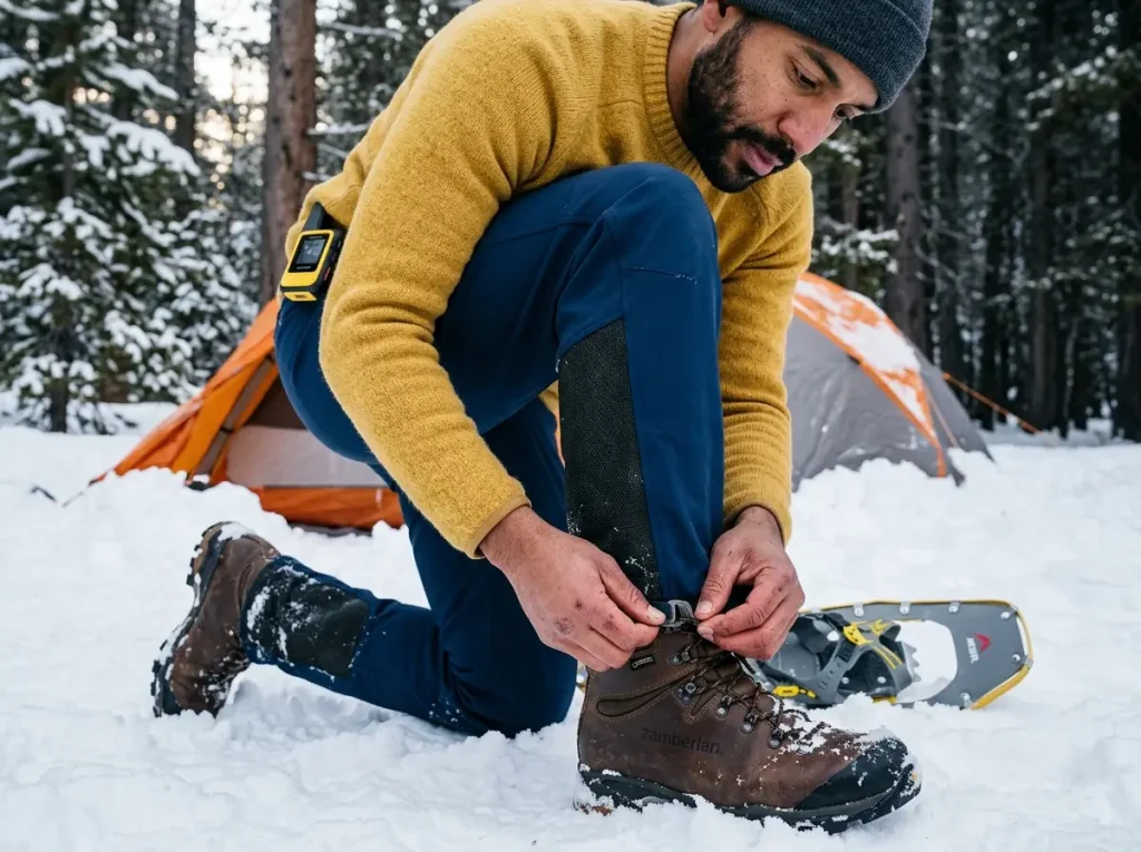 Reviewing technical features of mountaineering softshell pants Kevlar scuff guard