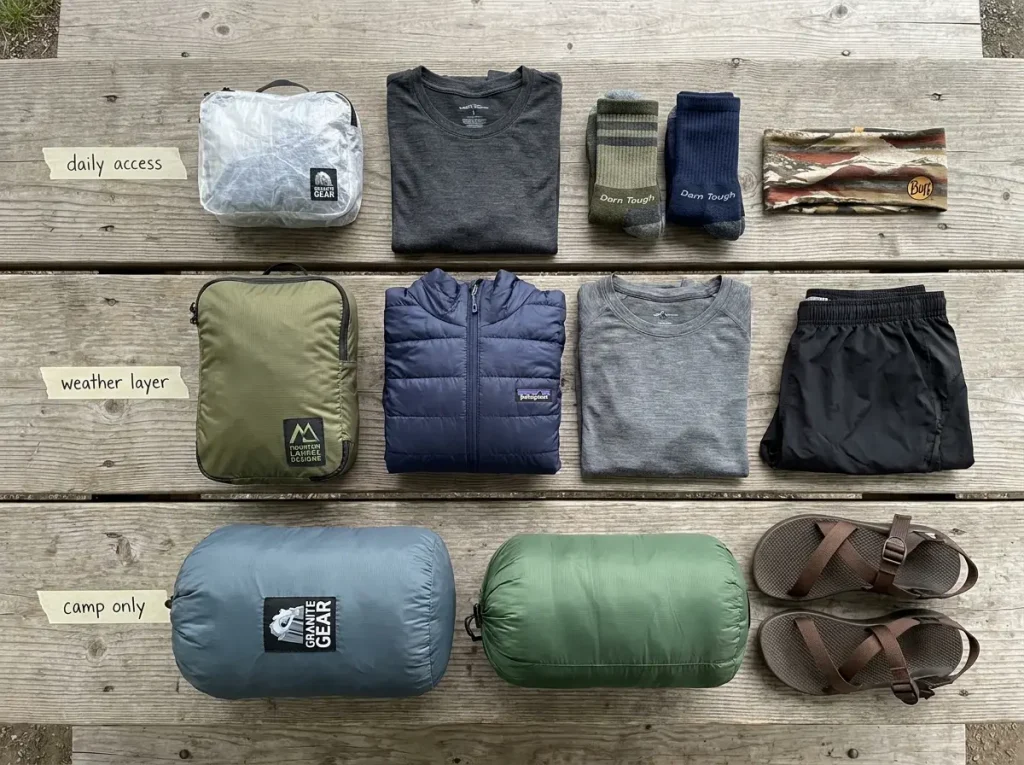 Three different sized packing cubes laid out with hiking gear sorted by category