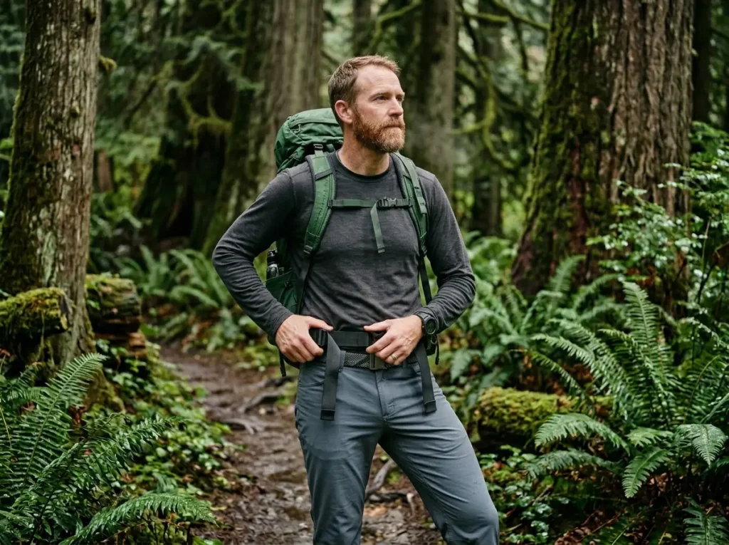 Hiker pausing to relieve hip belt pressure reducing nerve compression risk