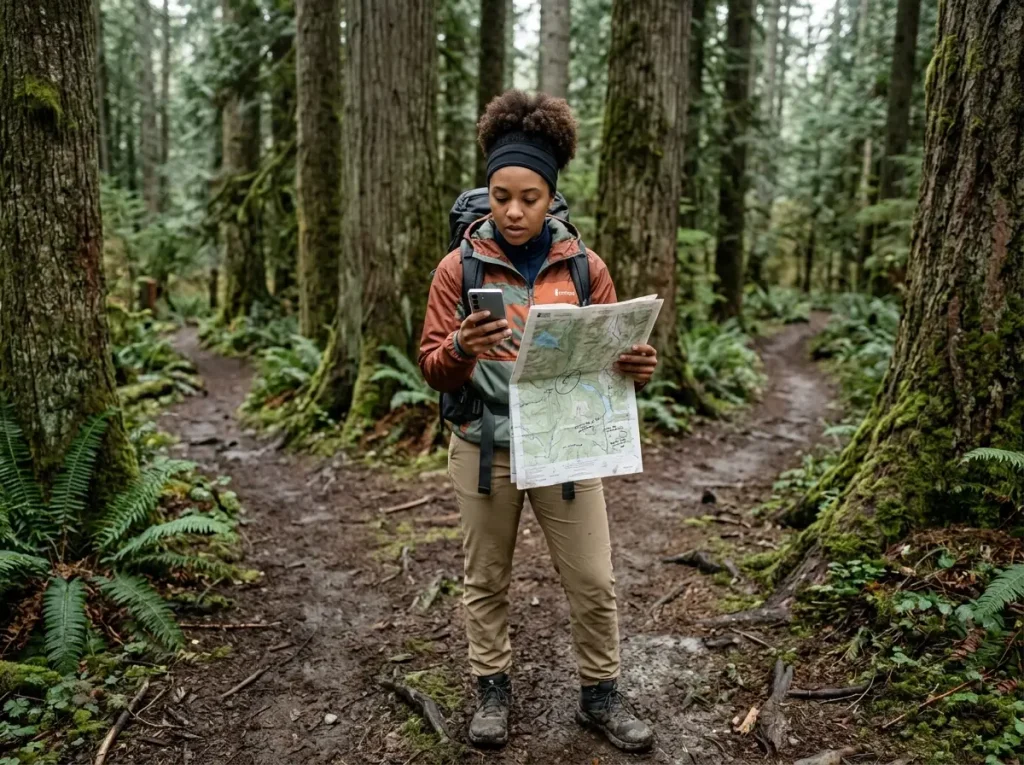 Hiker comparing AllTrails phone app to USGS paper topo map at forest trail junction 