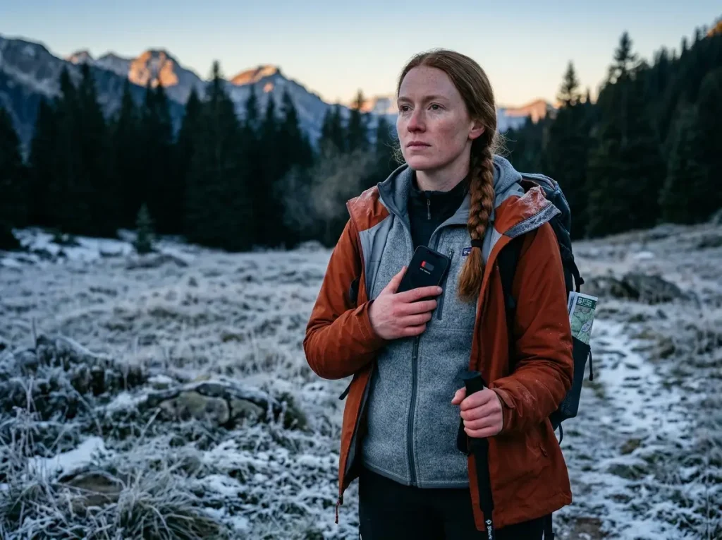 Hiker warming phone against chest in cold alpine conditions to prevent battery voltage sag
