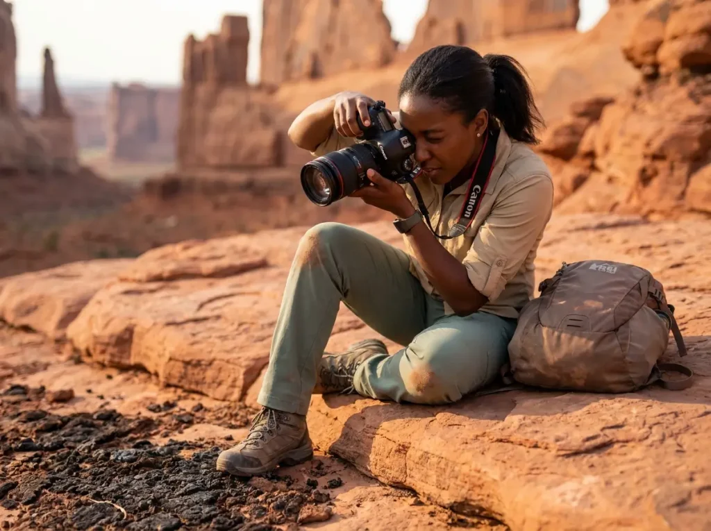 Hiker photographing safely from durable rock surfaces