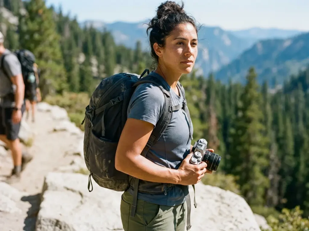 Hiker practicing photography ethics on trail by yielding to others