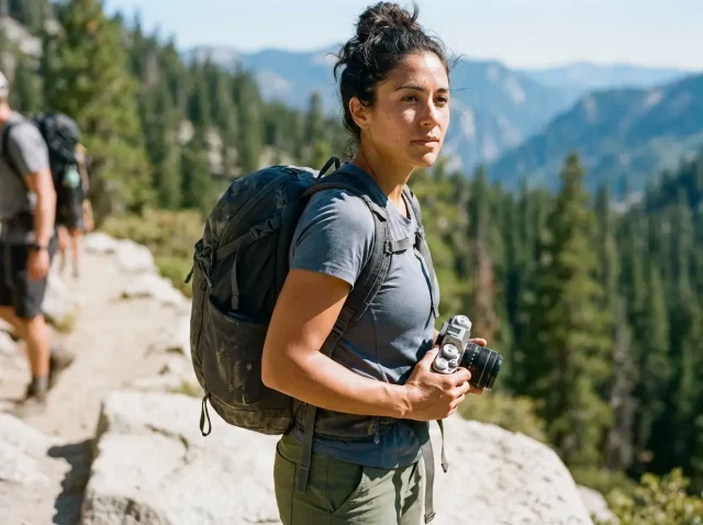 photography-ethics-on-trail-respecting-other-hikers Hiker practicing photography ethics on trail by yielding to others