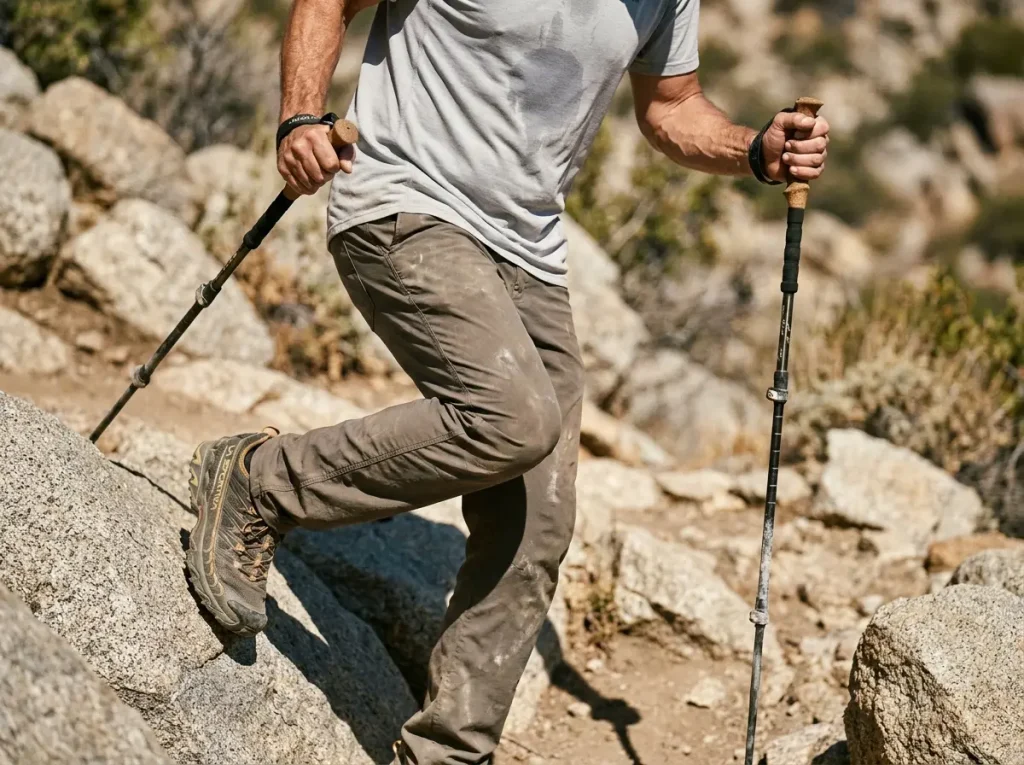 Male hiker carefully descending a steep trail highlighting the knee pinch physics