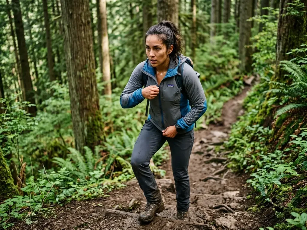 Female hiker venting heat to avoid the flash-off effect during steep stop and go hiking.