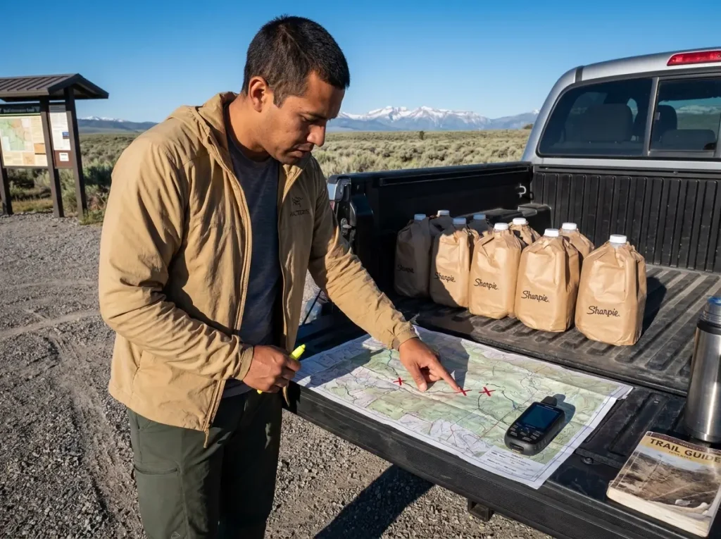 Hiker studying topographic map spread on truck tailgate marking water cache locations in desert