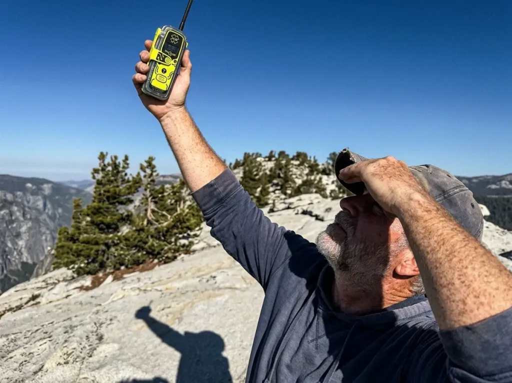 Hiker holding an ACR ResQLink View beacon up toward open sky to demonstrate antenna deployment