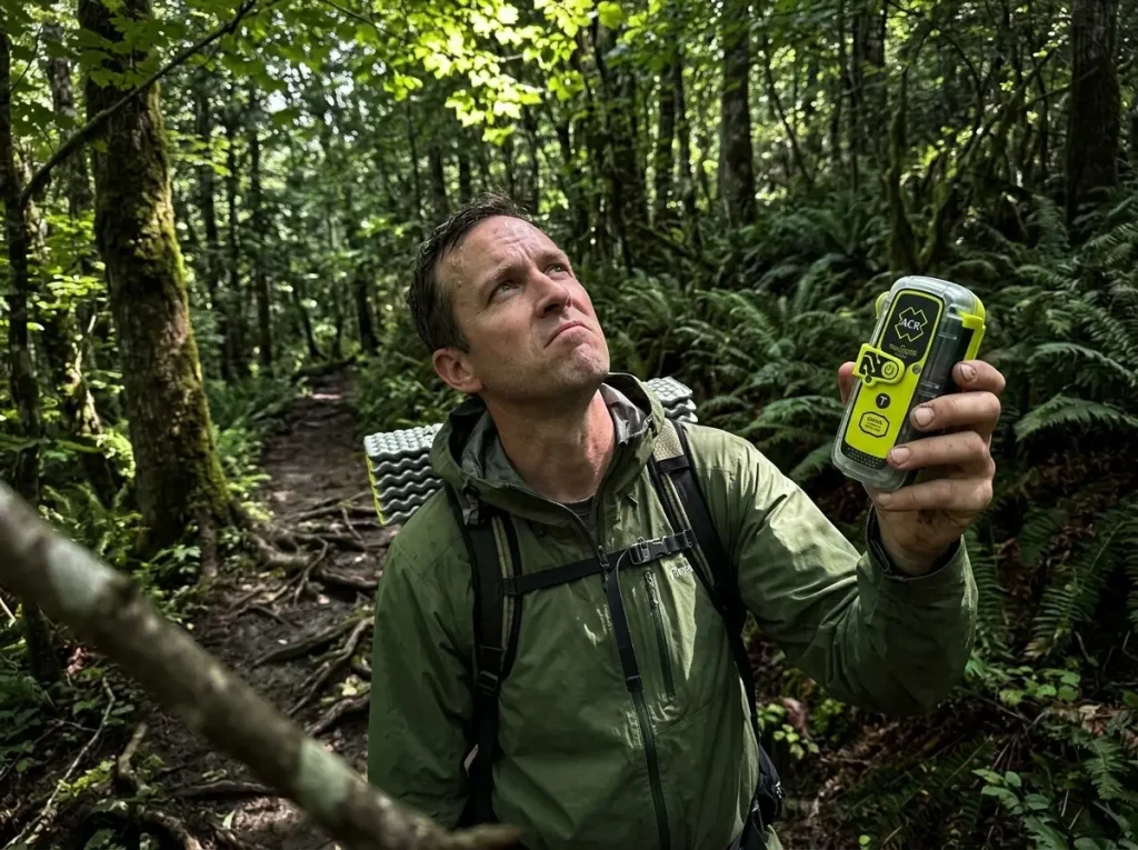 Hiker under dense forest canopy checking an ACR ResQLink 400 beacon while looking for open sky