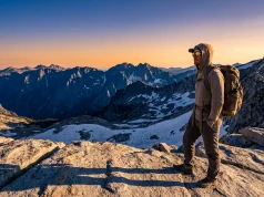 Best Polarized Hiking Sunglasses — UV400 Rated Hiker on alpine ridge wearing polarized hiking sunglasses with UV400 protection at high altitude.