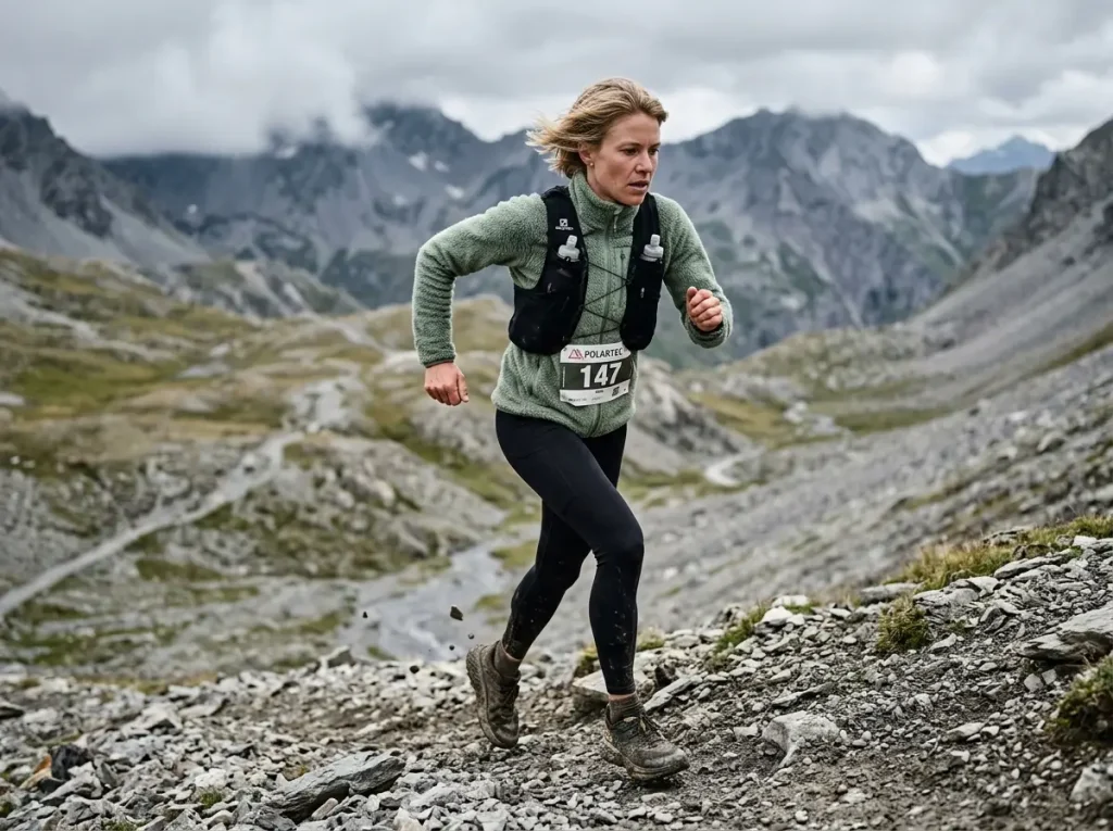 Female trail runner wearing Polartec Alpha active insulation on scree. 