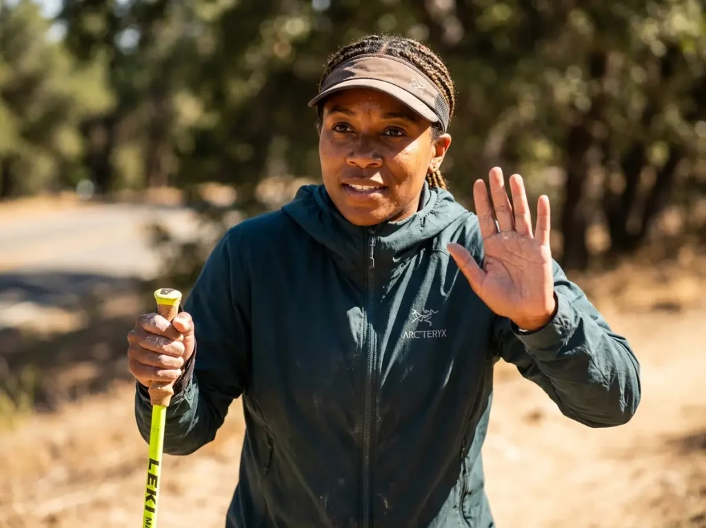 Determined female hiker politely waving hand to decline trail magic while walking forward.