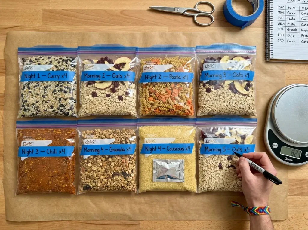 Pre-portioned dehydrated meal bags labeled and organized for group backpacking trip