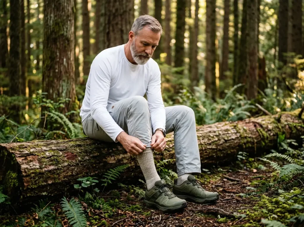 Experienced hiker tucking trousers into socks to prevent leech bites while sitting on a forest log