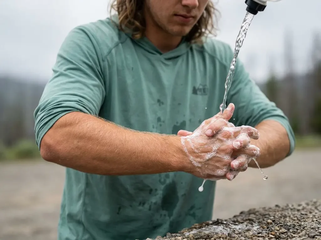 Thru-hiker vigorously washing hands with real soap and water from a camp jug to prevent illness.