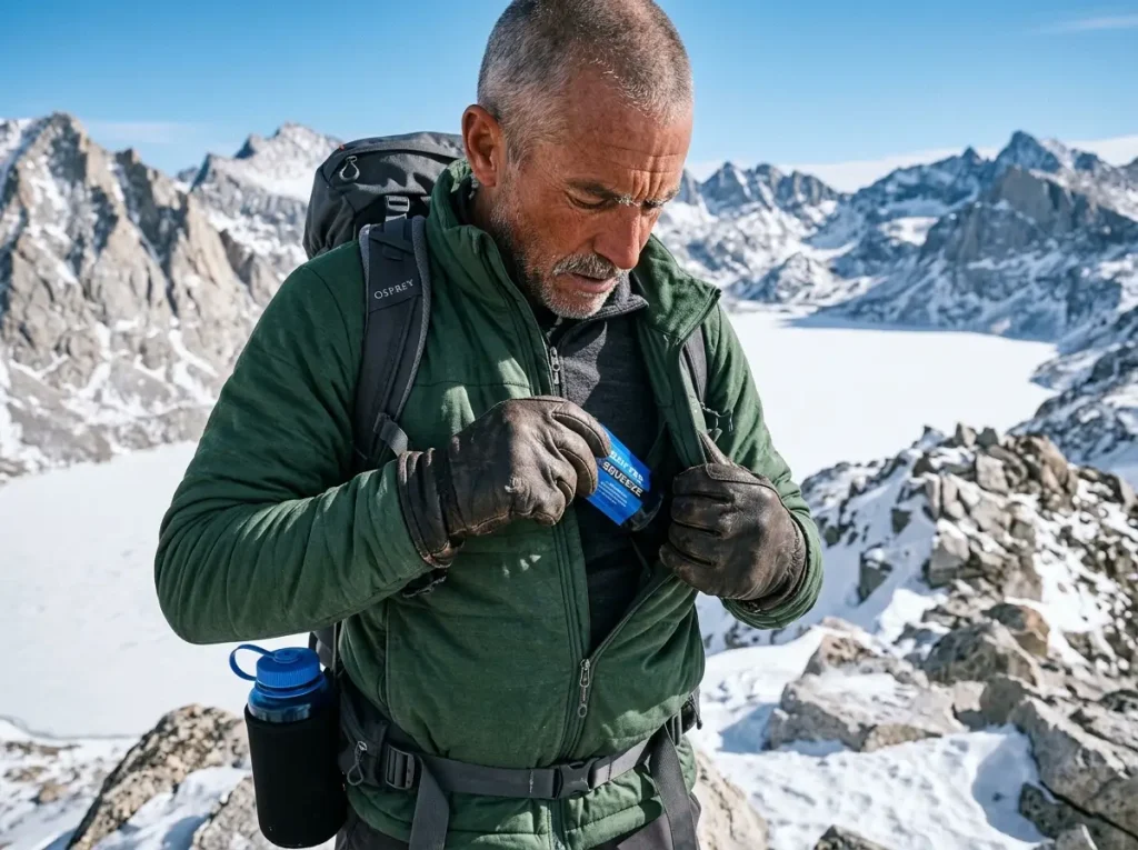 Removing a Sawyer Squeeze filter from an inner jacket pocket to prevent freezing.