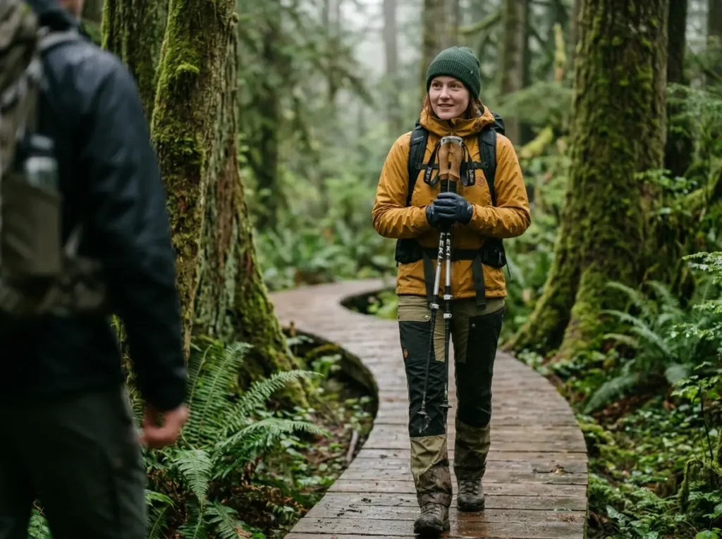Female hiker vertically carrying and bundling her trekking poles to safely pass another hiker on a narrow rainforest boardwalk.