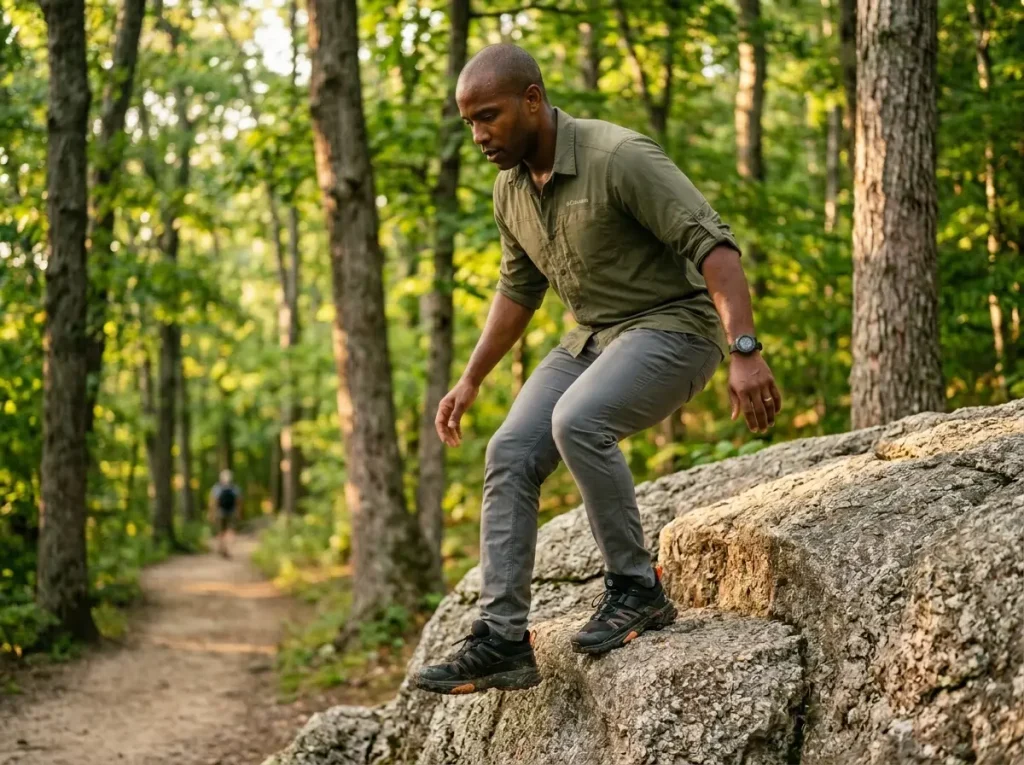 Hiker practicing single-leg step-down to train vestibular resilience