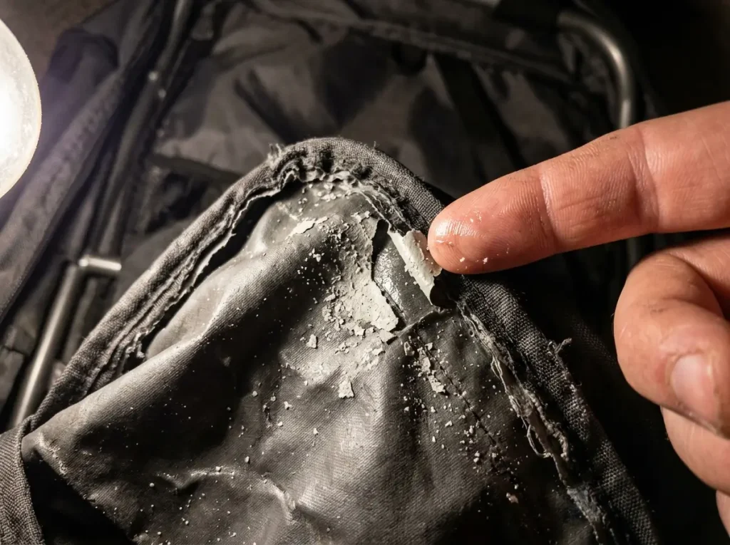 Peeling, flaking polyurethane coating inside a hiking backpack from PU hydrolysis