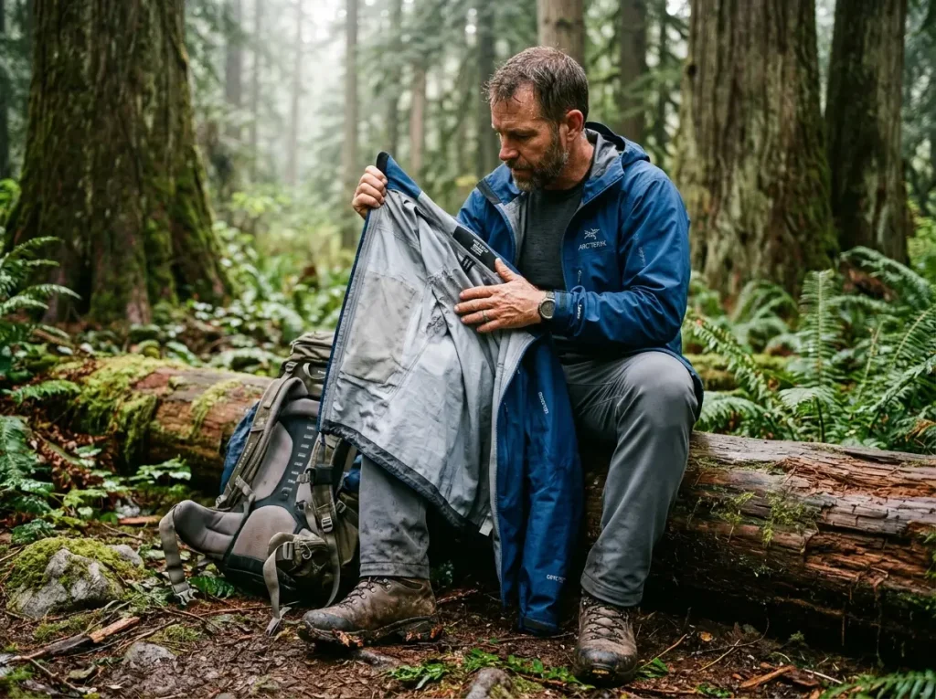 Male hiker inspecting the inner tricot lining of an Arc'teryx hardshell jacket for abrasion in a damp temperate rainforest
