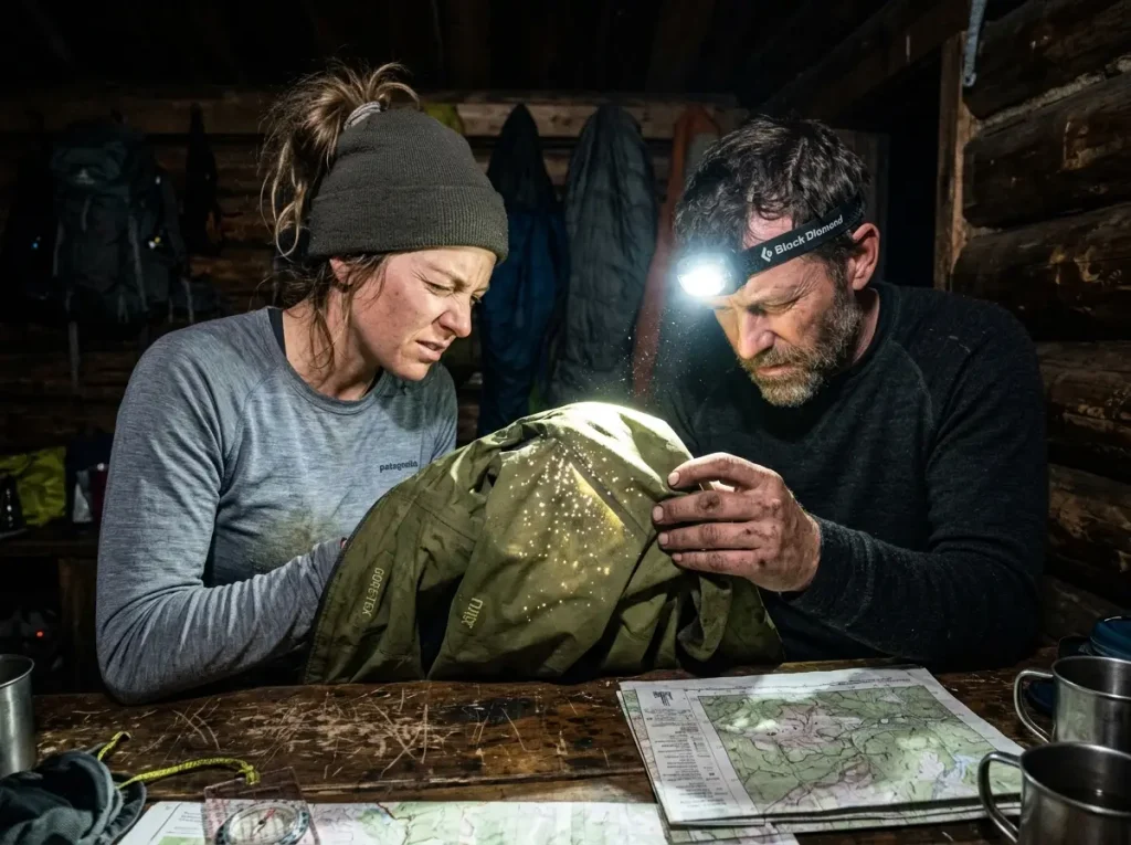 Two trekkers using a bright headlamp inside a Gore-Tex shell to find microscopic membrane cracks in a dark cabin