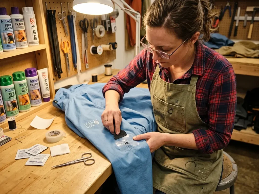 Skilled gear technician meticulously applying Tenacious Tape to a small puncture on a blue rain jacket at a workbench