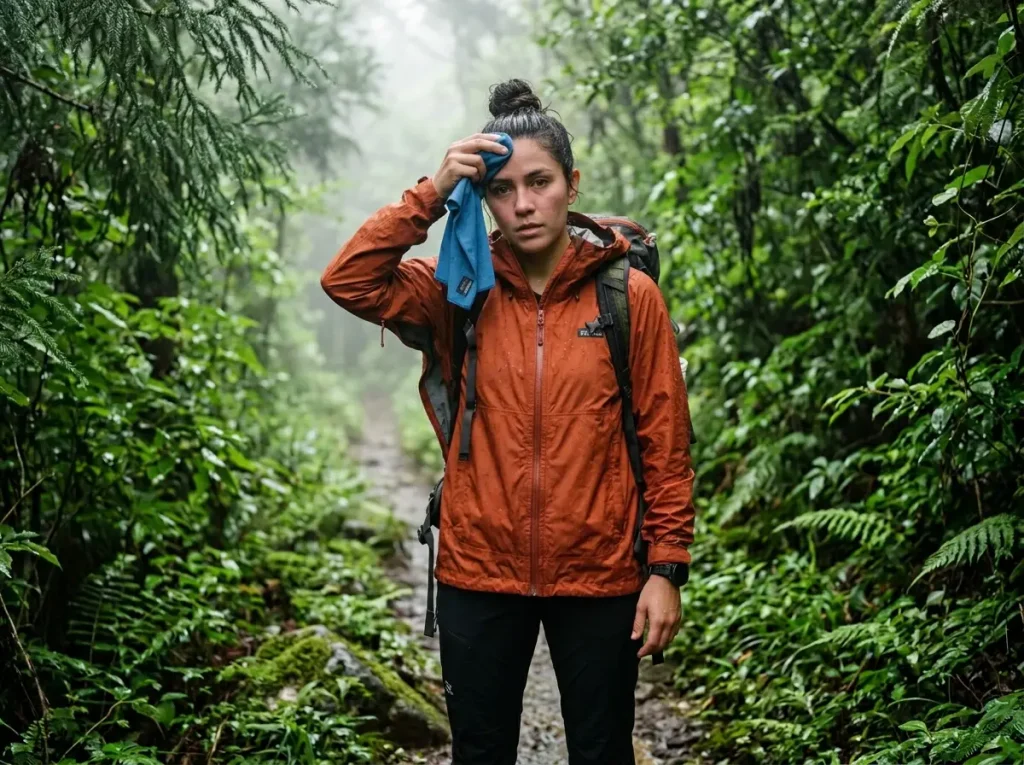 Exhausted female hiker unzipping a Patagonia rain jacket to vent heat in a highly humid dense green forest